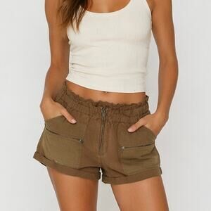 Aritzia Wilfred Linen Blend Paper Bag Zip Pocket Cargo Shorts, Khaki Green